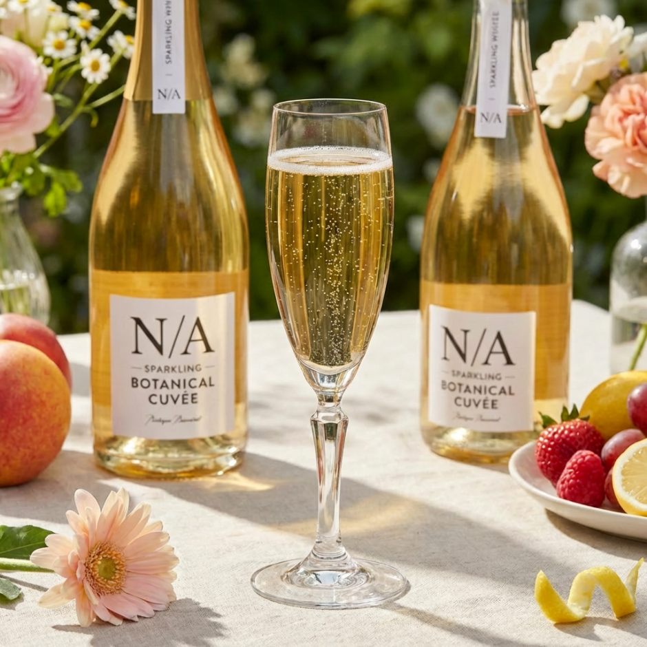 Sparkling non-alcoholic cuvée with raspberries and lemon twist in a sunlit garden.